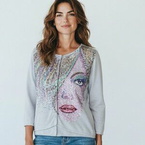 Michael Simon Sweater Medium Cardigan Sequins Face Model Twiggy Art